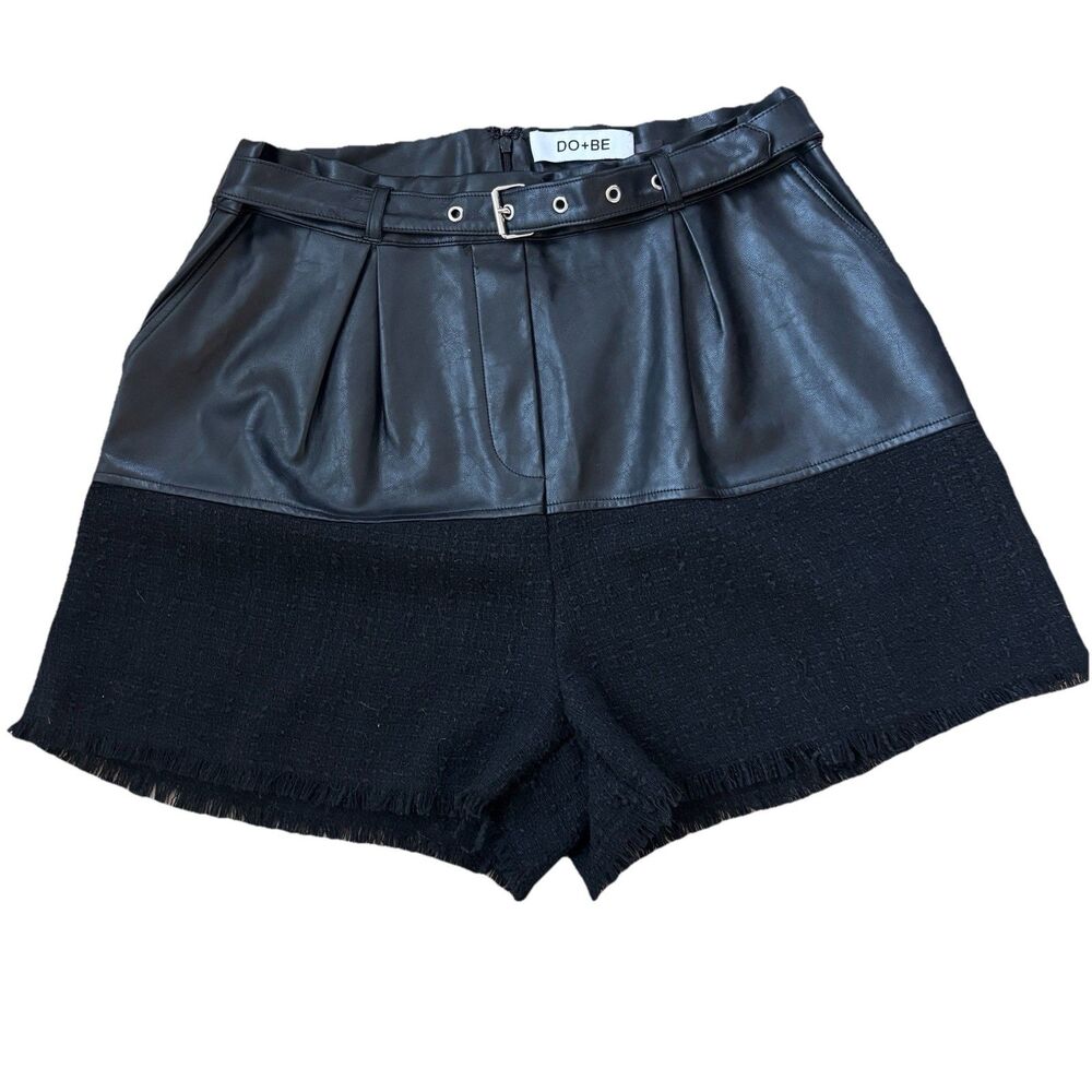 DO+BE Faux Leather Belted Black Tweed Shorts L High Waist Fringe Hem Biker Chic